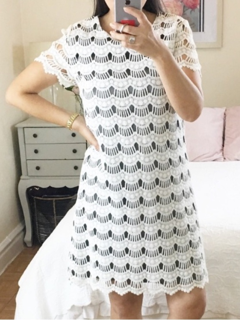 Kate Spade Virginia Ivory Lace Shift White Mini Dress Scalloped Short Sleeve 8